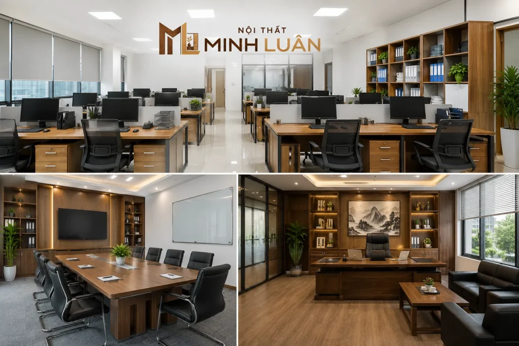 Không gian văn phòng diện tích vừa với nội thất gỗ đồng bộ