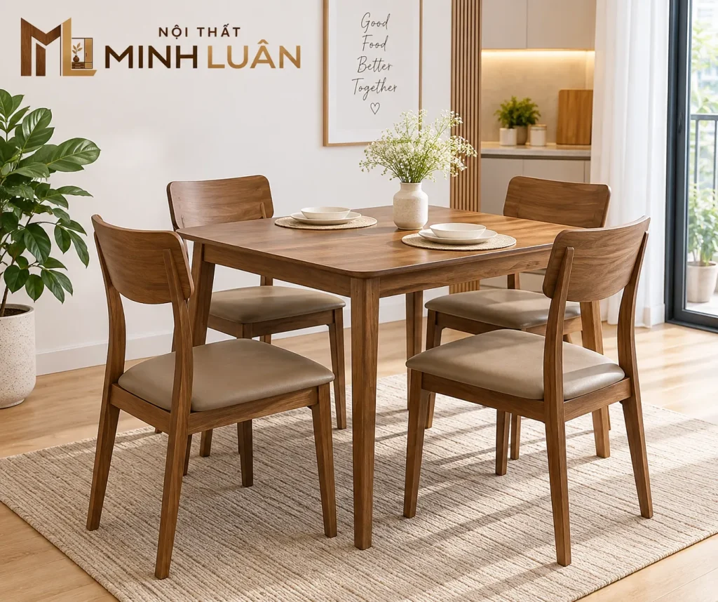 Bộ bàn ăn 4 ghế bằng gỗ phù hợp với gia đình nhỏ và căn hộ có diện tích vừa phải