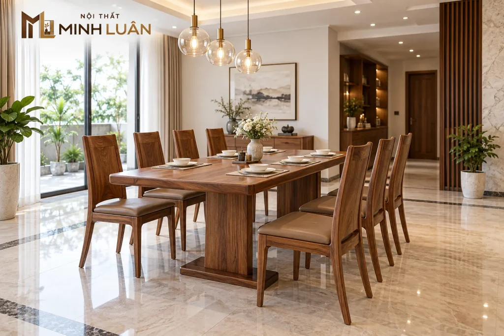 Bộ bàn ăn 8 ghế bằng gỗ phù hợp với gia đình đông người và không gian rộng