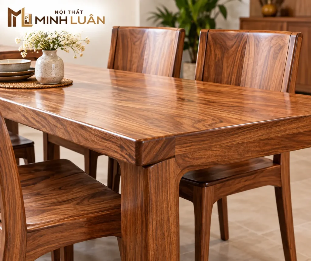 Bộ bàn ăn bằng gỗ gồm bàn và ghế được thiết kế đồng bộ về kiểu dáng, màu sắc