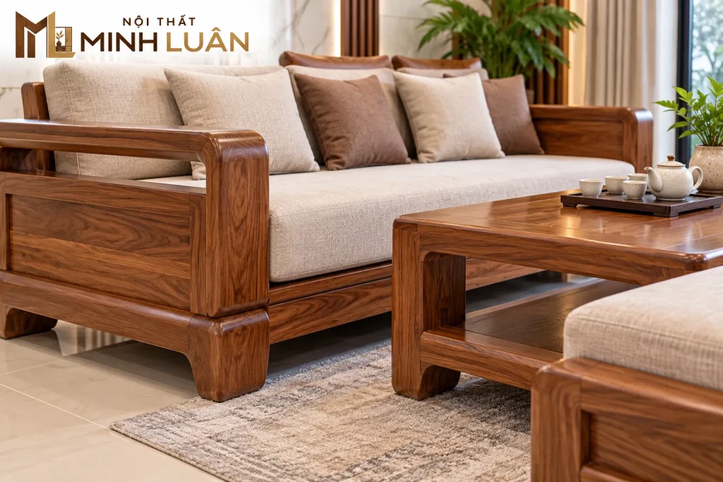 Cấu tạo bộ sofa gỗ kết hợp đệm ngồi và tựa lưng