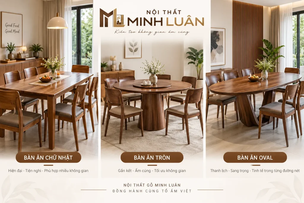 Bộ bàn ăn bằng gỗ có nhiều kiểu dáng phù hợp với từng không gian