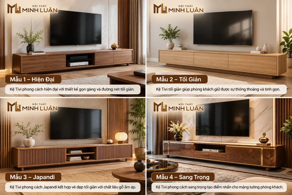 Kệ Tivi phong cách sang trọng tạo điểm nhấn cho mảng tường phòng khách.