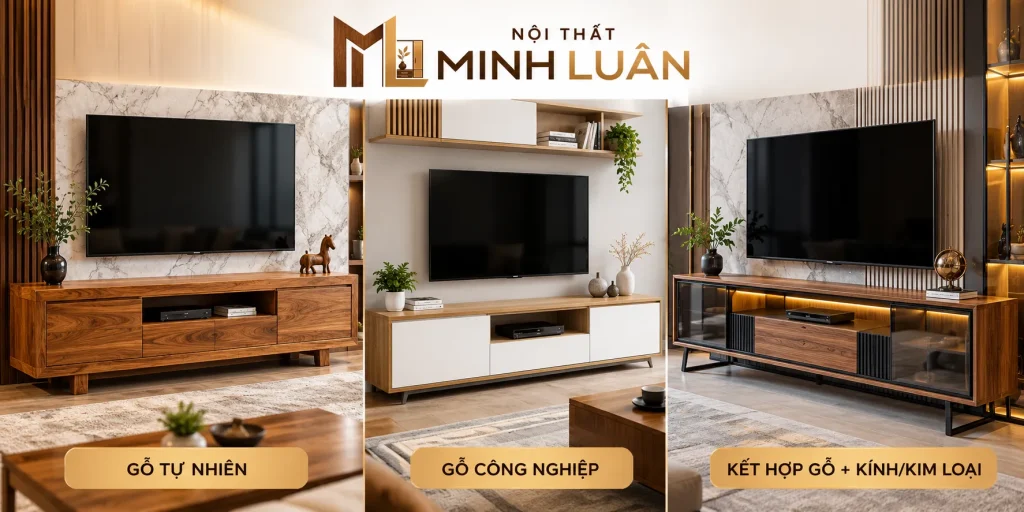 Kệ Tivi có thể được lựa chọn từ gỗ tự nhiên, gỗ công nghiệp hoặc thiết kế kết hợp nhiều vật liệu.