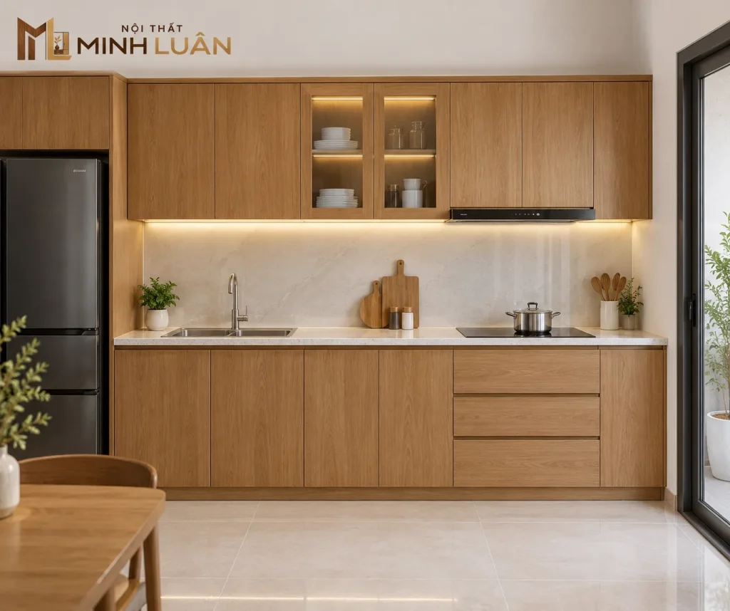 Tủ bếp chữ I phù hợp với không gian bếp nhỏ, căn hộ và nhà có mặt bằng hẹp