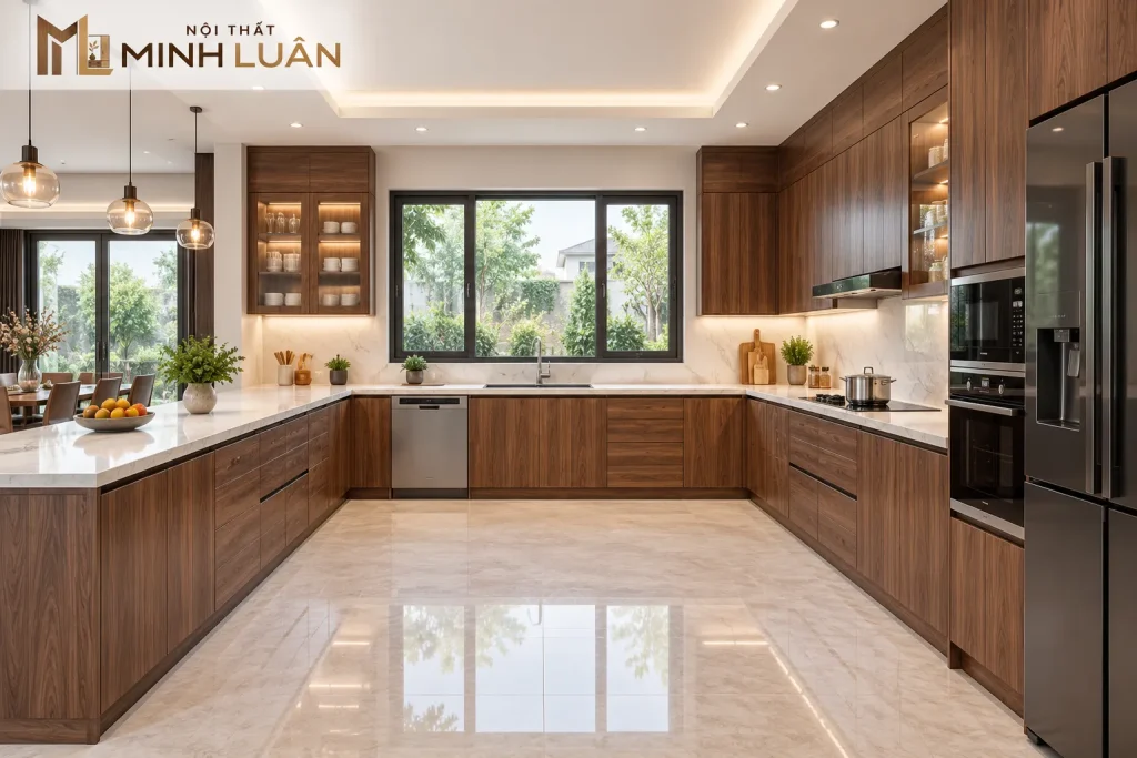 Tủ bếp chữ U mang đến không gian lưu trữ lớn và nhiều diện tích thao tác