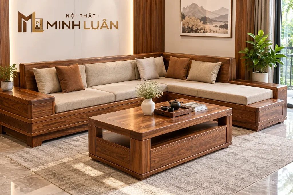 Sofa gỗ chữ L tận dụng hiệu quả góc phòng khách
