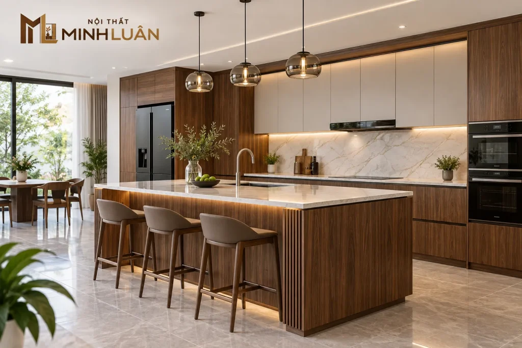 Tủ bếp kết hợp đảo bếp tạo thêm không gian sơ chế, lưu trữ và sinh hoạt