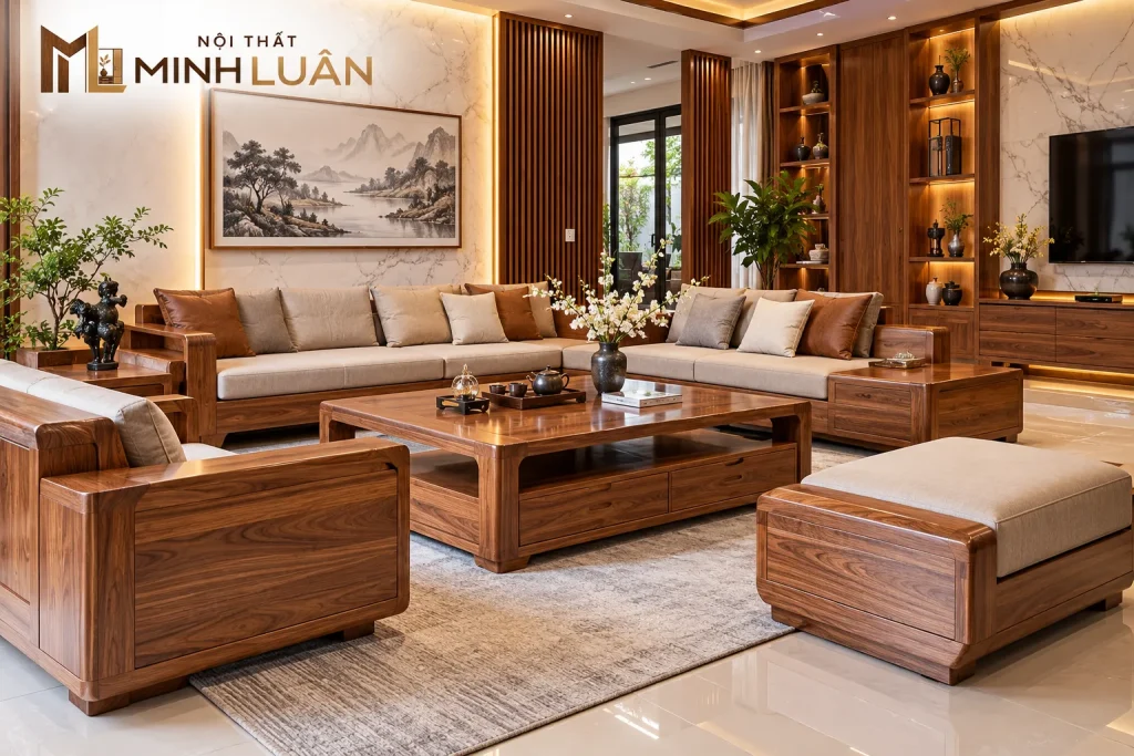 Sofa gỗ kết hợp nội thất gỗ tạo không gian phòng khách hài hòa