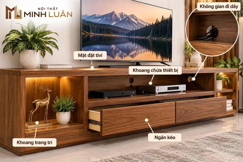 Kệ Tivi hiện đại kết hợp khu vực đặt tivi, ngăn lưu trữ và không gian trang trí.