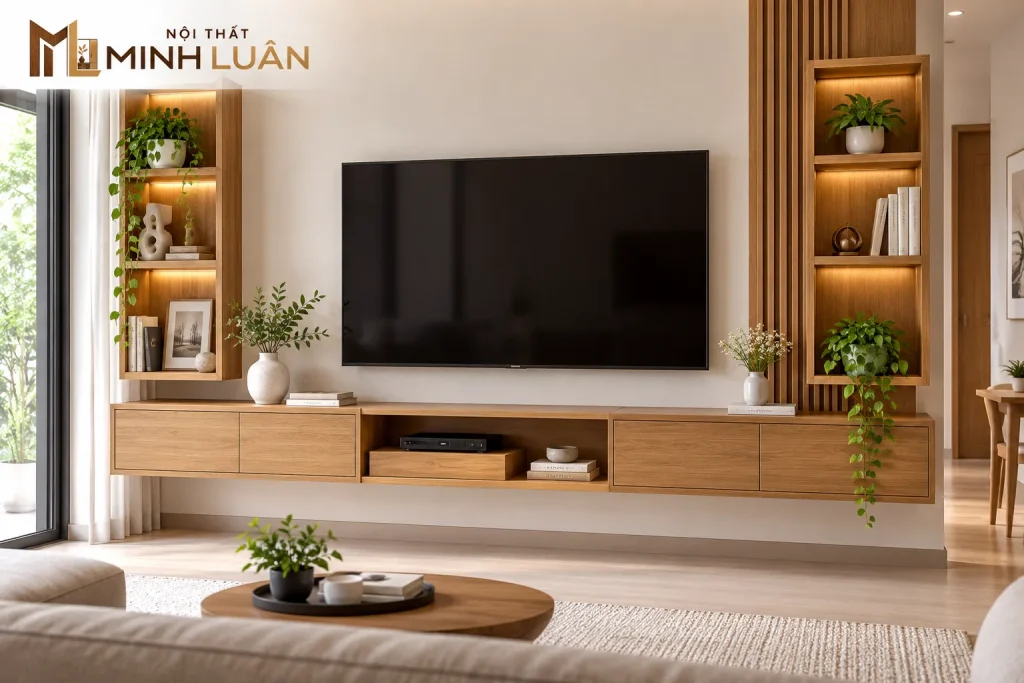 Kệ Tivi treo tường giúp tối ưu diện tích và tạo cảm giác thông thoáng cho phòng khách.