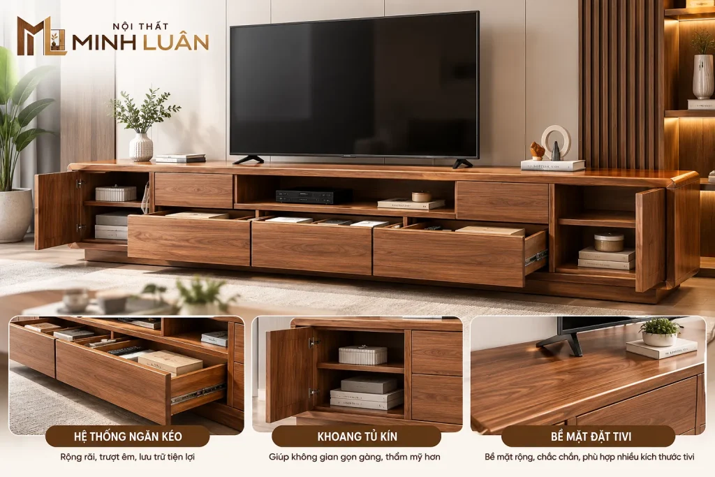 Kệ Tivi có ngăn kéo tăng không gian lưu trữ và giúp phòng khách luôn gọn gàng.