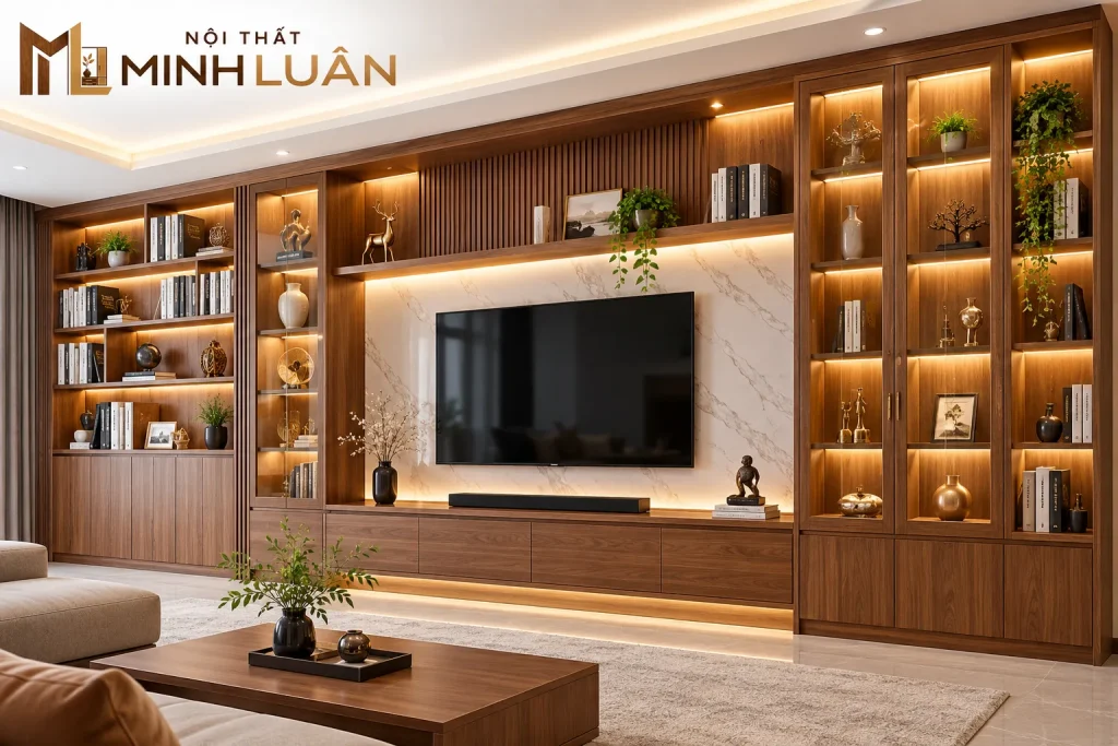 Hệ Tủ Kệ Tivi kết hợp tủ trang trí tạo không gian nội thất đồng bộ cho phòng khách.