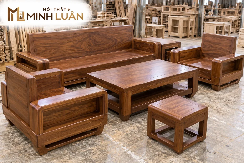 Phối màu sofa gỗ và đệm hài hòa với nội thất phòng khách