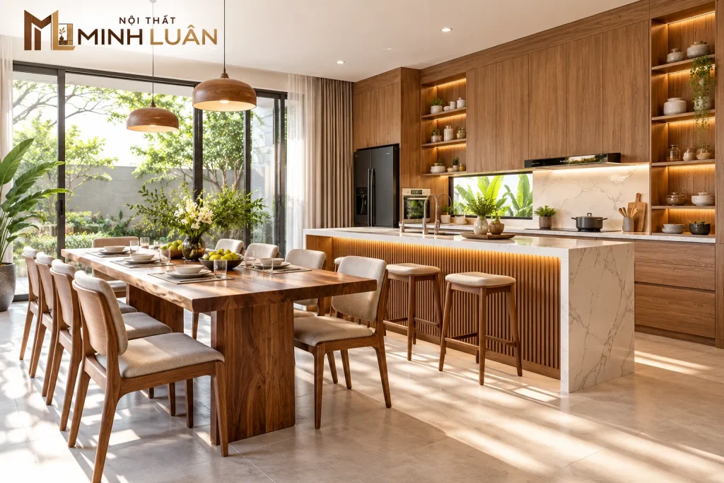 Xu Hướng Nội Thất Gỗ Hiện Đại 2026: Tự Nhiên, Tinh Gọn 24 Phòng ăn và phòng bếp sử dụng nội thất gỗ tạo cảm giác ấm cúng, tiện nghi và gần gũi.