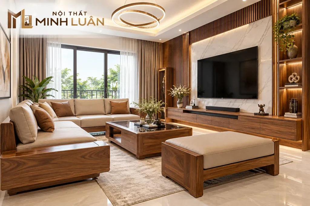 Xu Hướng Nội Thất Gỗ Hiện Đại 2026: Tự Nhiên, Tinh Gọn 22 Phòng khách nội thất gỗ hiện đại 2026 ưu tiên bố cục gọn gàng, ít đồ nhưng có điểm nhấn.