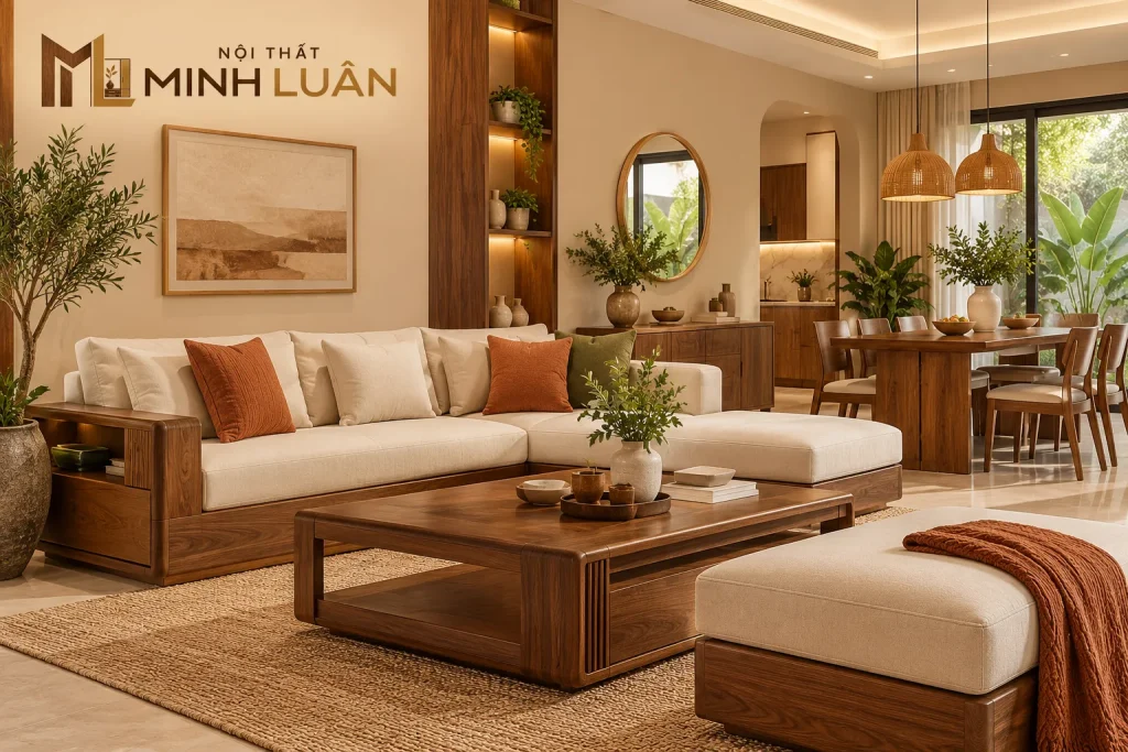 Xu Hướng Nội Thất Gỗ Hiện Đại 2026: Tự Nhiên, Tinh Gọn 17 Gam màu gỗ ấm kết hợp beige, terracotta và xanh olive tạo không gian nội thất hiện đại giàu chiều sâu.