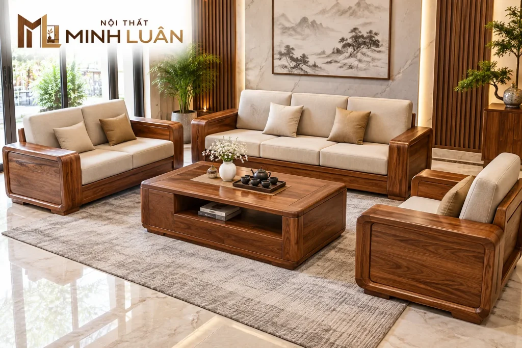 Bộ sofa gỗ 1-2-3 tạo bố cục cân đối cho phòng khách