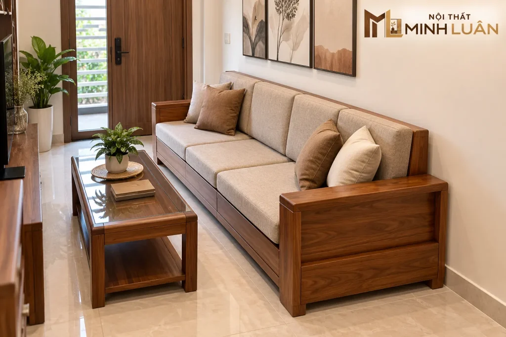 Bộ sofa gỗ văng giúp tối ưu diện tích phòng khách