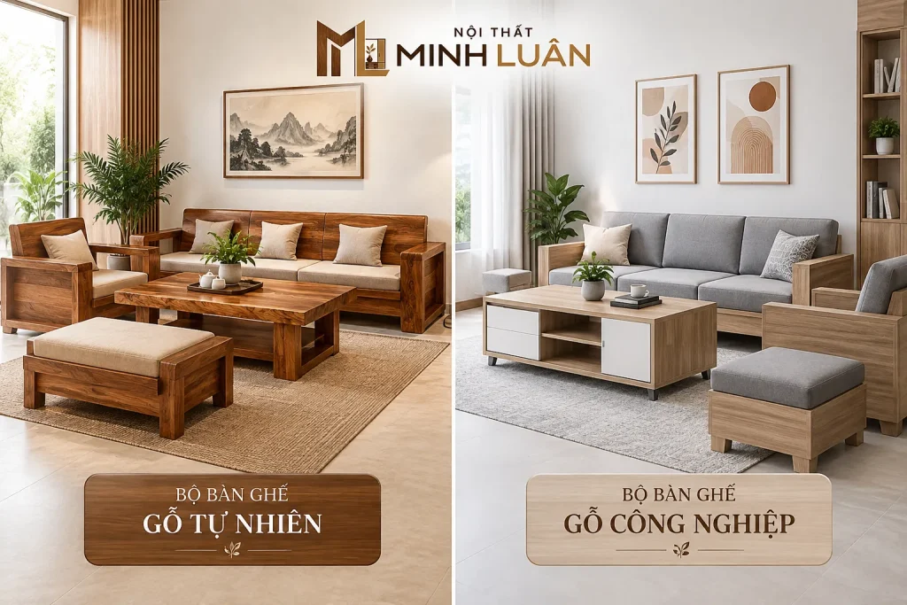 Nên Chọn Gỗ Tự Nhiên Hay Gỗ Công Nghiệp? Ưu Nhược Điểm 7 Phòng khách có thể kết hợp gỗ tự nhiên và gỗ công nghiệp để cân bằng thẩm mỹ, công năng và chi phí