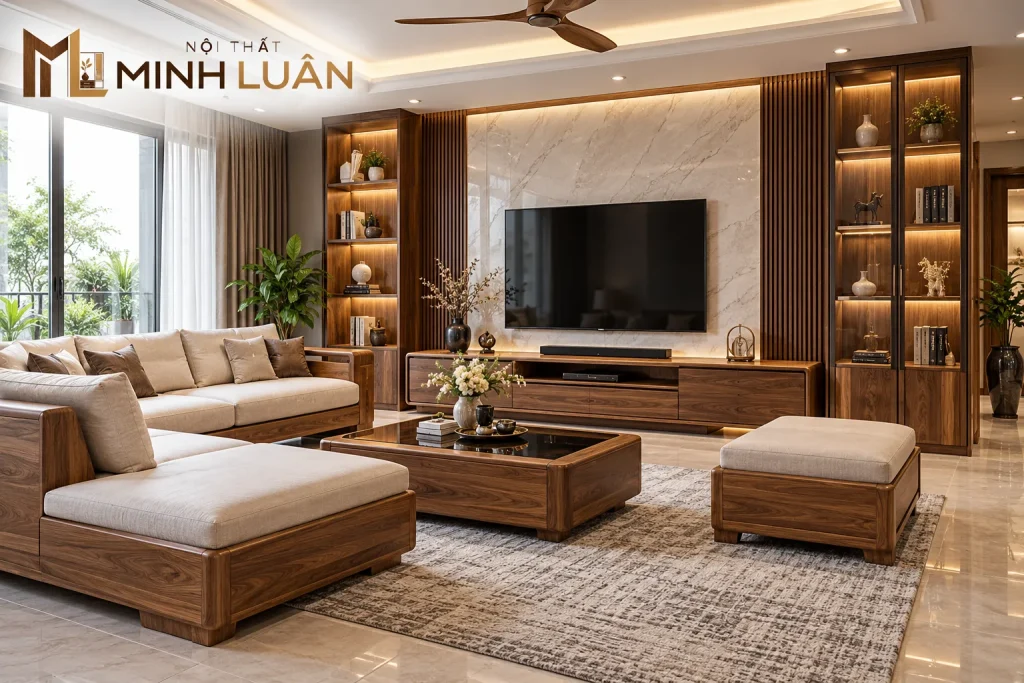 Kệ Tivi giúp kết nối khu vực giải trí với sofa, bàn trà và tổng thể nội thất phòng khách.