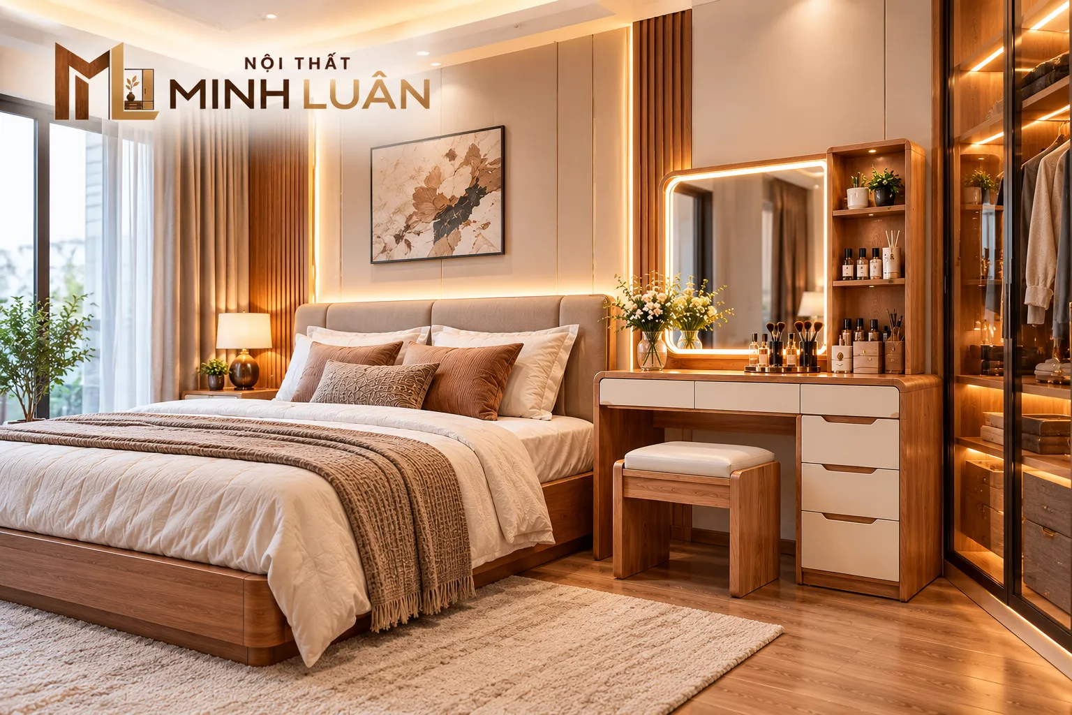 Bàn trang điểm được thiết kế phù hợp không gian phòng ngủ