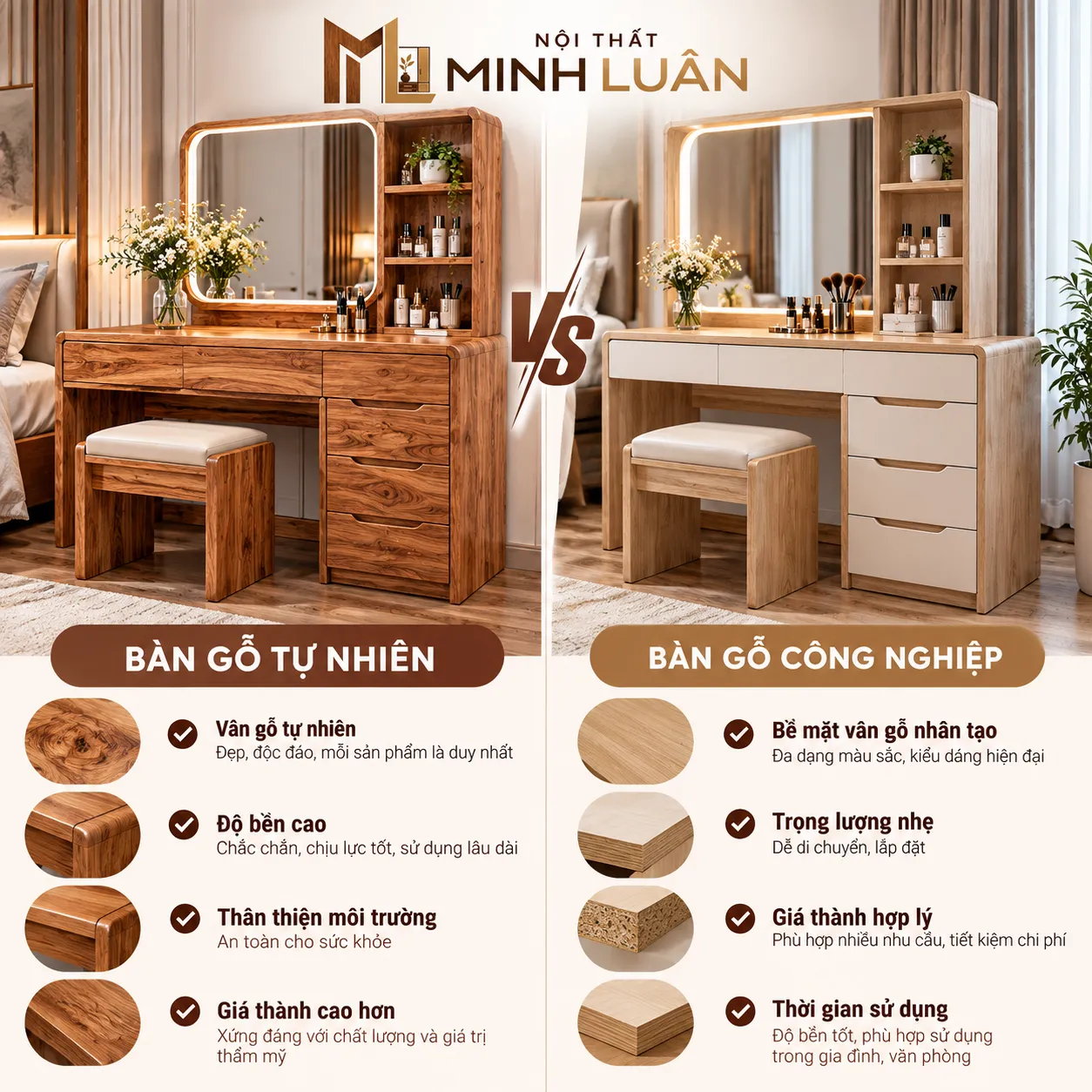 Bàn trang điểm với nhiều lựa chọn chất liệu gỗ