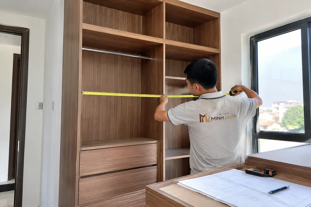 Khảo sát và đo đạc chính xác trước khi sản xuất là bước quan trọng giúp nội thất lắp đặt vừa vặn với không gian.