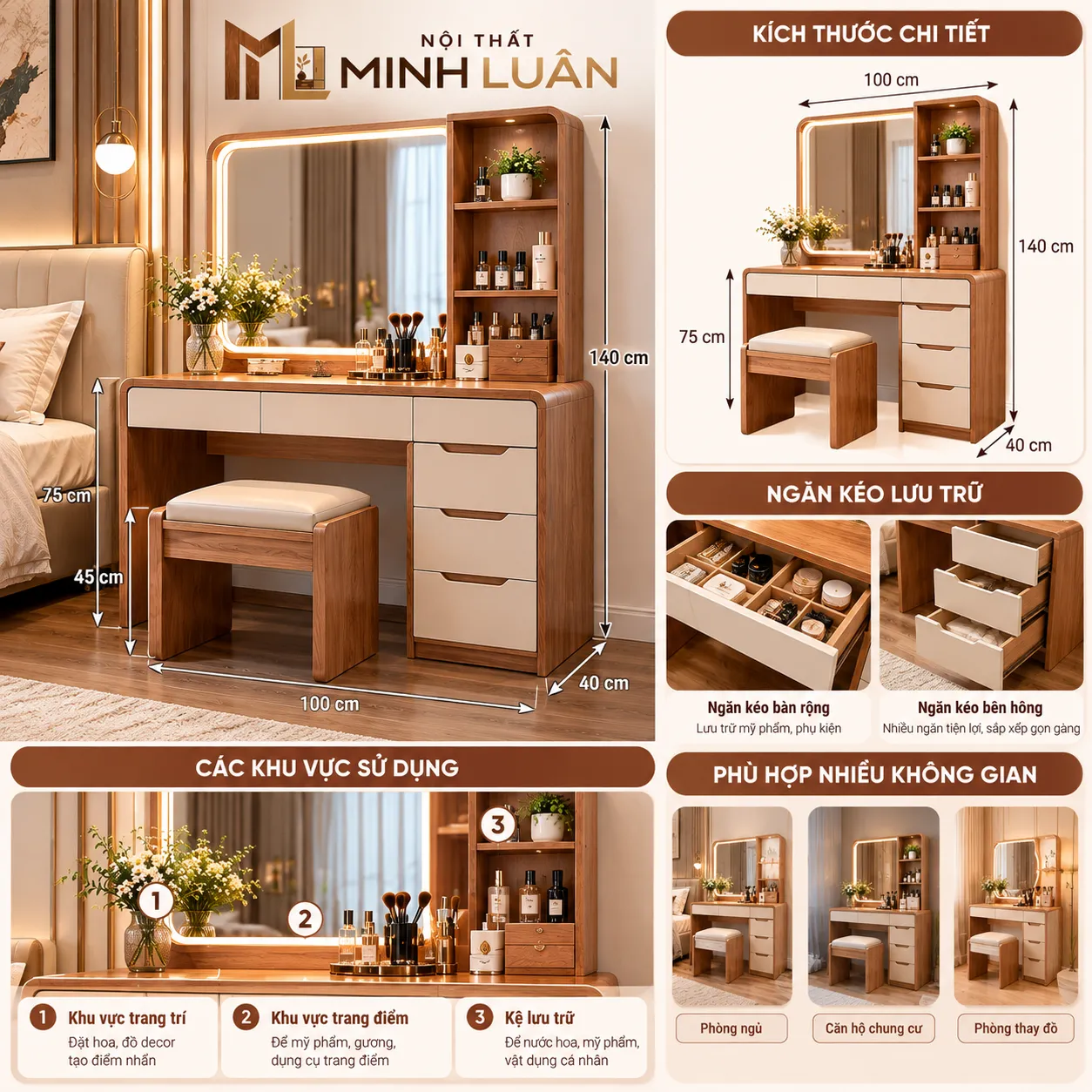 Lựa chọn bàn trang điểm phù hợp với diện tích phòng