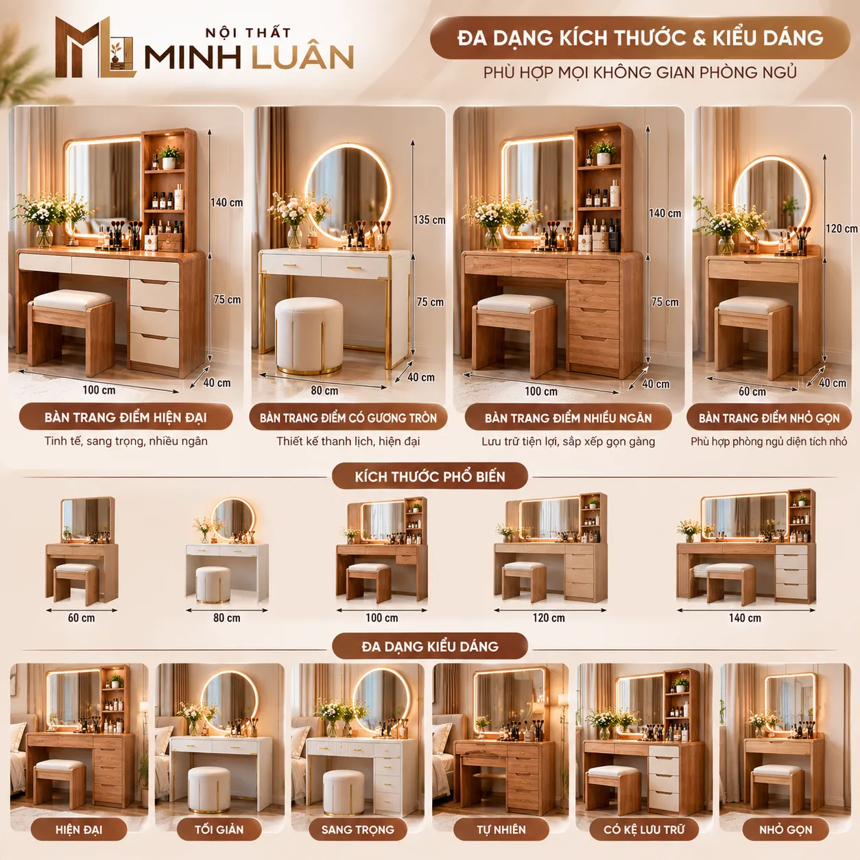 Mẫu bàn trang điểm đa dạng kích thước và thiết kế