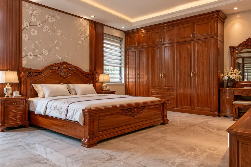 Giường ngủ và tủ quần áo bằng gỗ tự nhiên mang lại vẻ đẹp đồng bộ, đồng thời tạo cảm giác ấm cúng cho không gian nghỉ ngơi.
