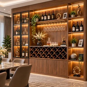 Tủ Rượu Gỗ Hiện Đại Kết Hợp Kệ Trang Trí