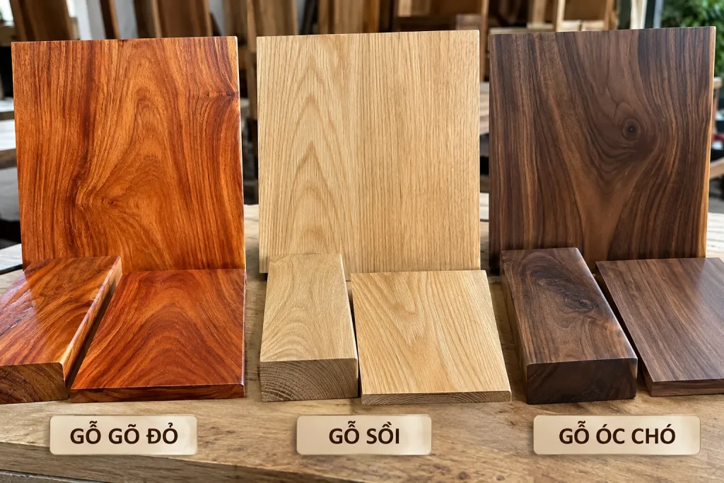 So sánh màu sắc và đường vân gỗ gõ đỏ, gỗ sồi, gỗ óc chó giúp gia chủ lựa chọn vật liệu phù hợp với thiết kế nội thất.